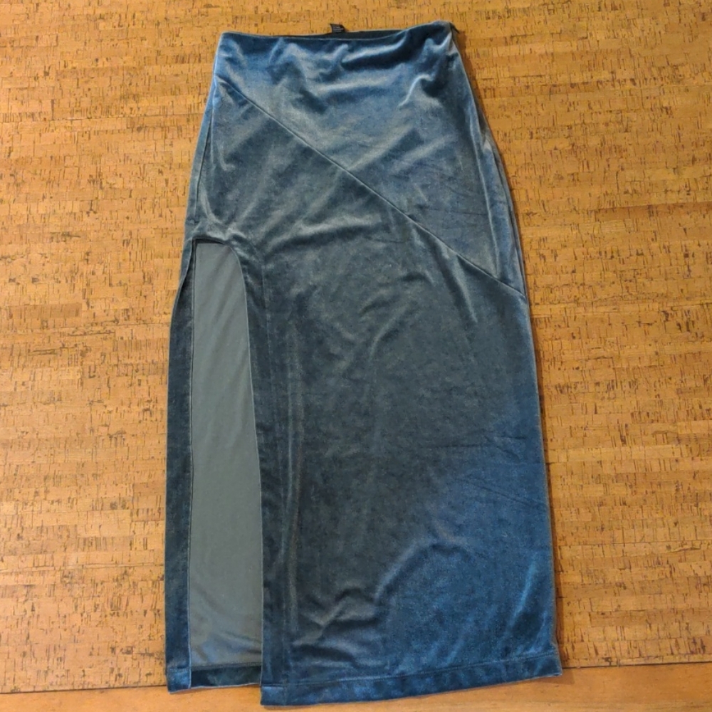 Midi skirt blue grey stretchy velvet
